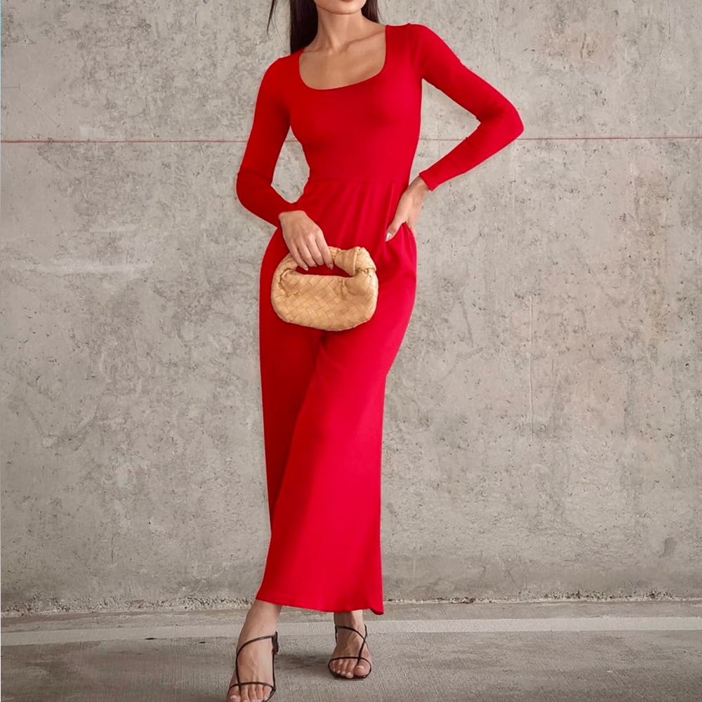 OQQ Red Long Sleeve Wide Leg Jumpsuit